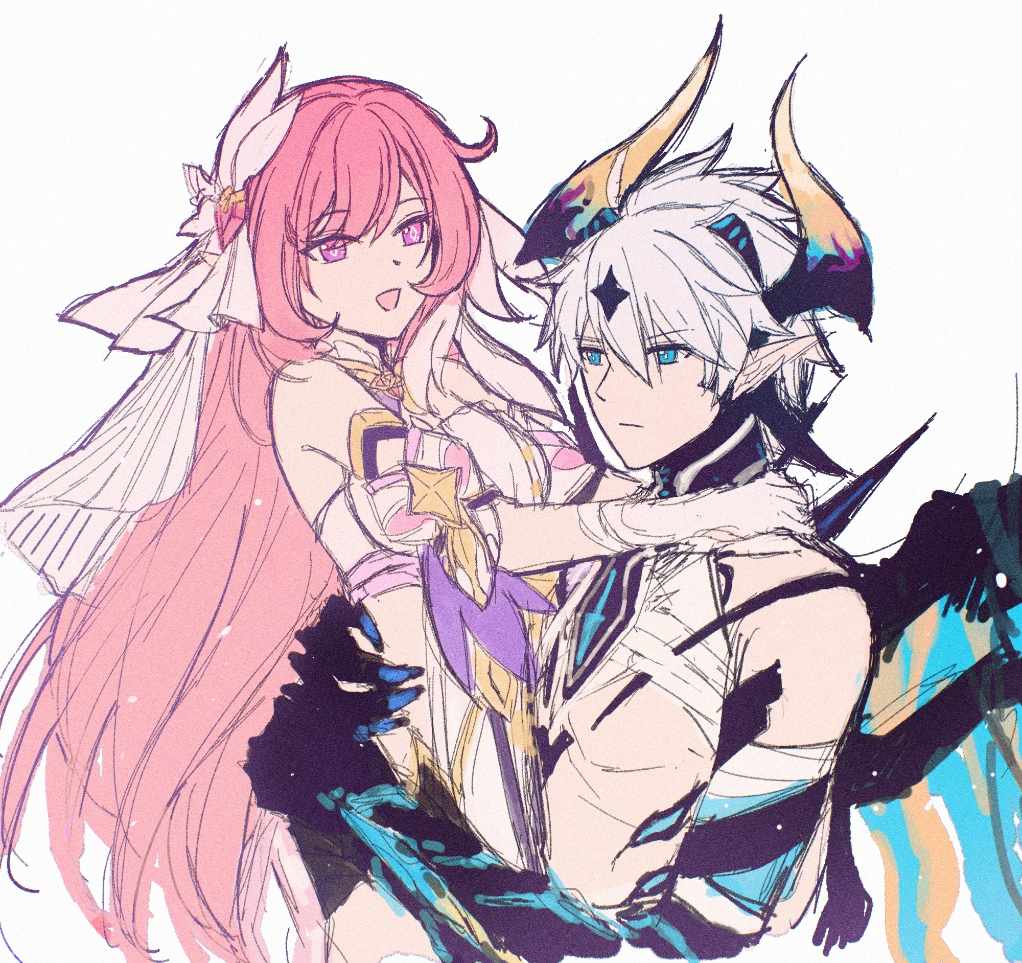 star (zhongyan88528), elysia (herrscher of human: ego) (honkai impact), elysia (honkai impact), kevin kaslana, kevin kaslana (diabolic), honkai (series), honkai impact 3rd, highres, 1boy, black claws, black shorts, blue eyes, breasts, corset, demon horns, demon wings, diamond-shaped pupils, diamond (shape), gloves, horns, large breasts, long hair, multicolored hair, pink hair, pointy ears, purple eyes, short hair, shorts, simple background, small breasts, smile, symbol-shaped pupils, topless male, two-tone hair, veil, very long hair, white background, white corset, white gloves, white hair, white veil, wings