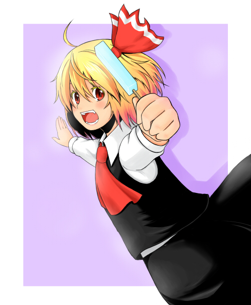 aki081, rumia, embodiment of scarlet devil, touhou, 1girl, blonde hair, female focus, food, ice cream, red eyes, ribbon, solo