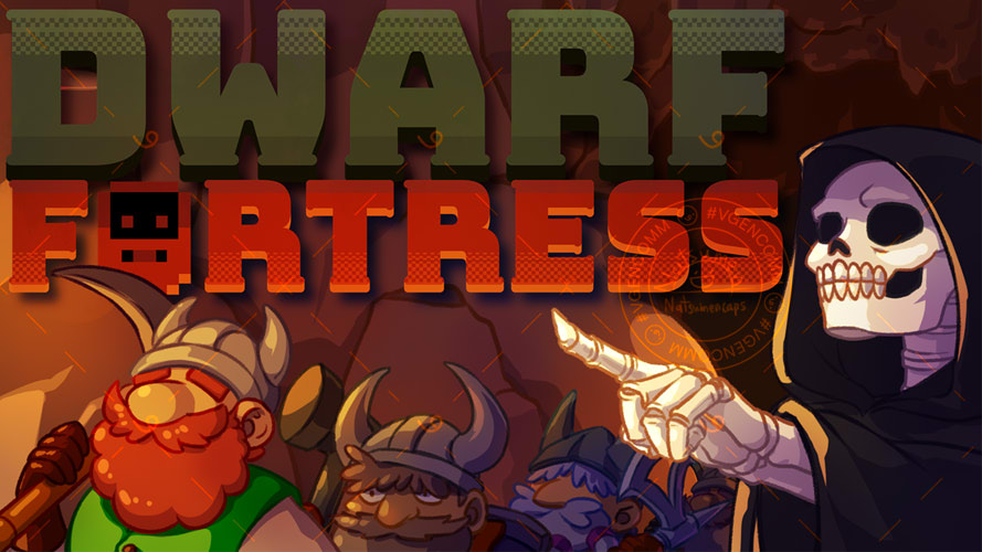 indie virtual youtuber, commentary, commission, english commentary, video thumbnail, 5boys, beard, black robe, brown gloves, brown hair, cave interior, copyright name, dwarf, dwarf fortress, facial hair, fake horns, gloves, grey hair, halberd, hammer, helmet, holding, holding hammer, holding pickaxe, horned helmet, horns, multiple boys, mustache, natsumencaps, pickaxe, pointing, polearm, red hair, robe, skeleton, skullnaught, sledgehammer, weapon, youtube video thumbnail