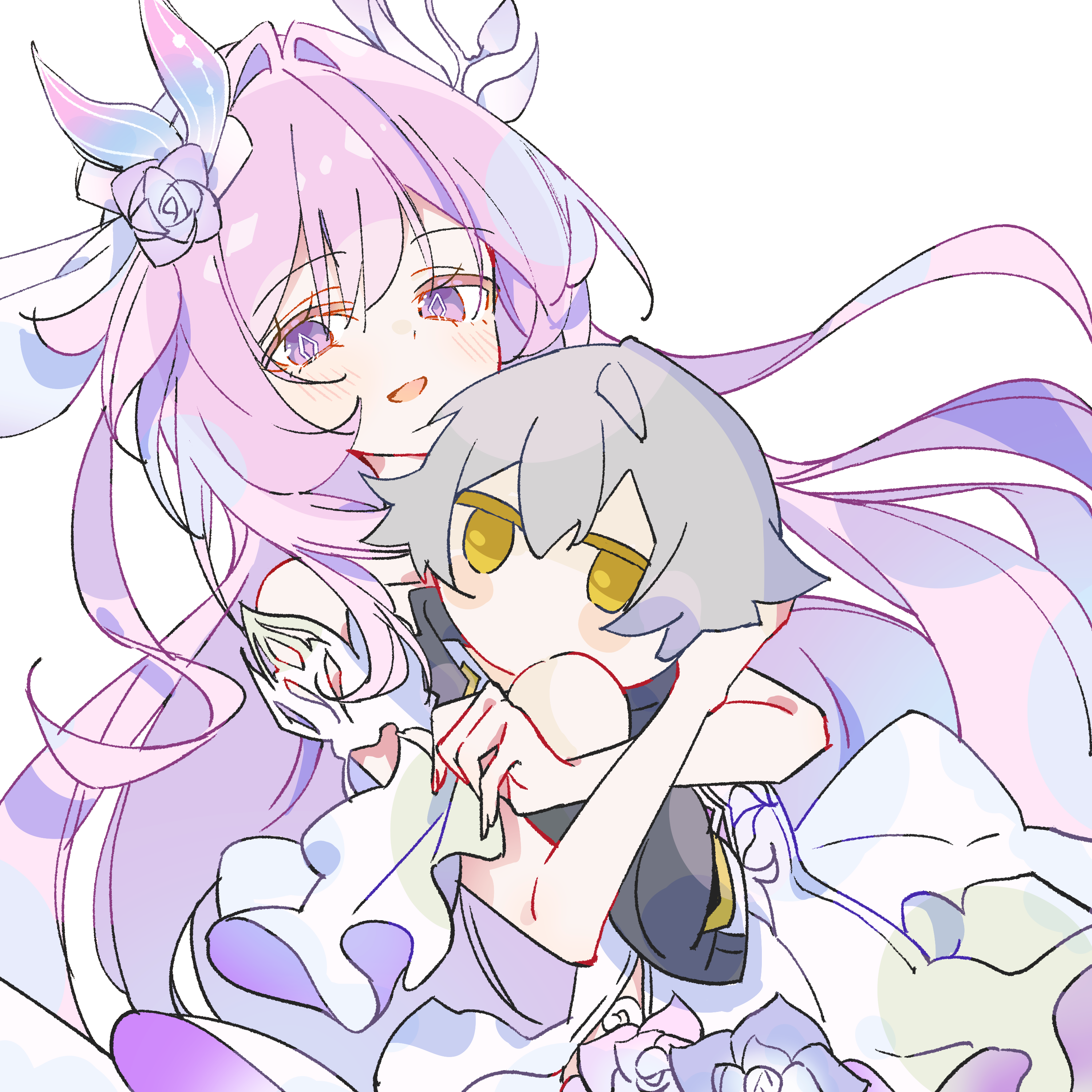 comorebi, caelus (honkai: star rail), cyrene (honkai: star rail), cyrene (ripples of past reverie) (honkai: star rail), trailblazer (honkai: star rail), honkai: star rail, honkai (series), absurdres, commentary request, highres, 1girl, character doll, diamond-shaped pupils, diamond (shape), doll, dress, official alternate costume, pink hair, simple background, solo, stuffed toy, symbol-shaped pupils, white background, white dress