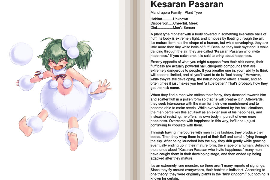 kenkou cross, kesaran pasaran, kesaran pasaran (monster girl encyclopedia), monster girl encyclopedia, hard-translated, official art, third-party edit, translated, 1girl, ahoge, blush stickers, character profile, closed eyes, english text, green hair, monster girl