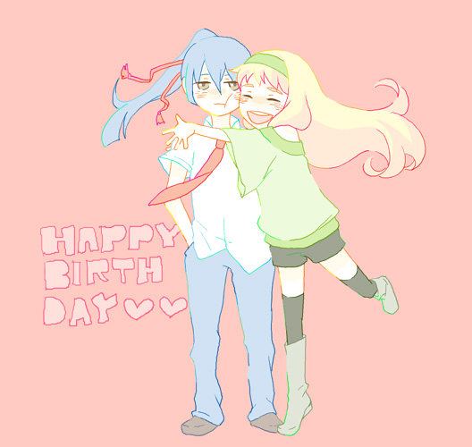 saotome alto, sheryl nome, macross, macross frontier, 00s, 1boy, 1girl, birthday, black thighhighs, blonde hair, blue hair, blush, boots, brown eyes, cheek-to-cheek, chibi, closed eyes, flat color, frown, full body, hairband, hands in pockets, happy birthday, headband, heads together, hetero, hug, kiss, long hair, necktie, open mouth, ponytail, short shorts, shorts, simple background, smile, socks, thighhighs, untucked, zettai ryouiki