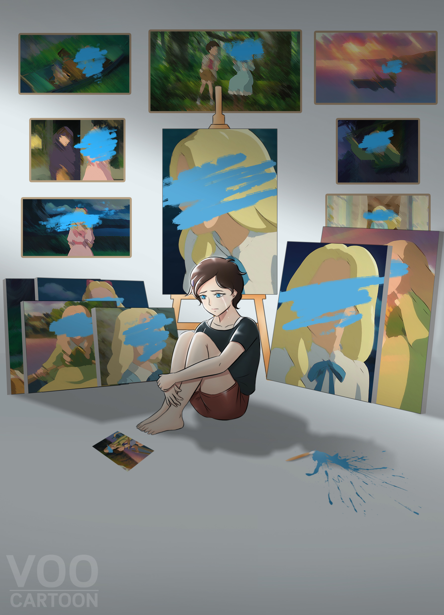 anna (omoide no marnie), marnie (omoide no marnie), omoide no marnie, absurdres, highres, 1girl, black shirt, blue eyes, blue paint, blue ribbon, collarbone, crying, dress, easel, knees to chest, long hair, paintbrush, painting (object), photo (object), pink dress, pink ribbon, red shorts, ribbon, shadow, shirt, short hair, shorts, voocartoon, wavy hair, white shirt