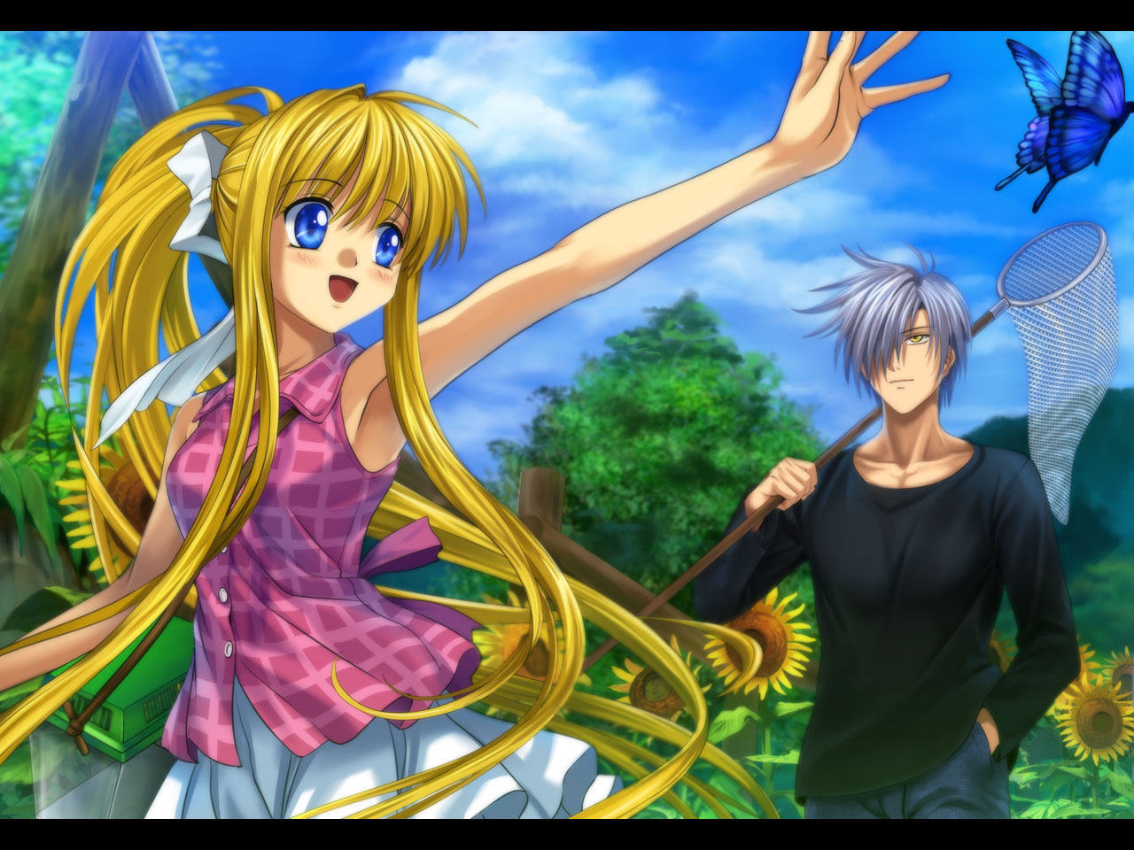 mutsuki (moonknives), kamio misuzu, kunisaki yukito, air (visual novel), key (company), silver hair, 00s, blonde hair, blue eyes, bug, butterfly, butterfly net, casual, flower, hair over one eye, hand net, insect, long hair, net, ponytail, short hair, sunflower, very long hair