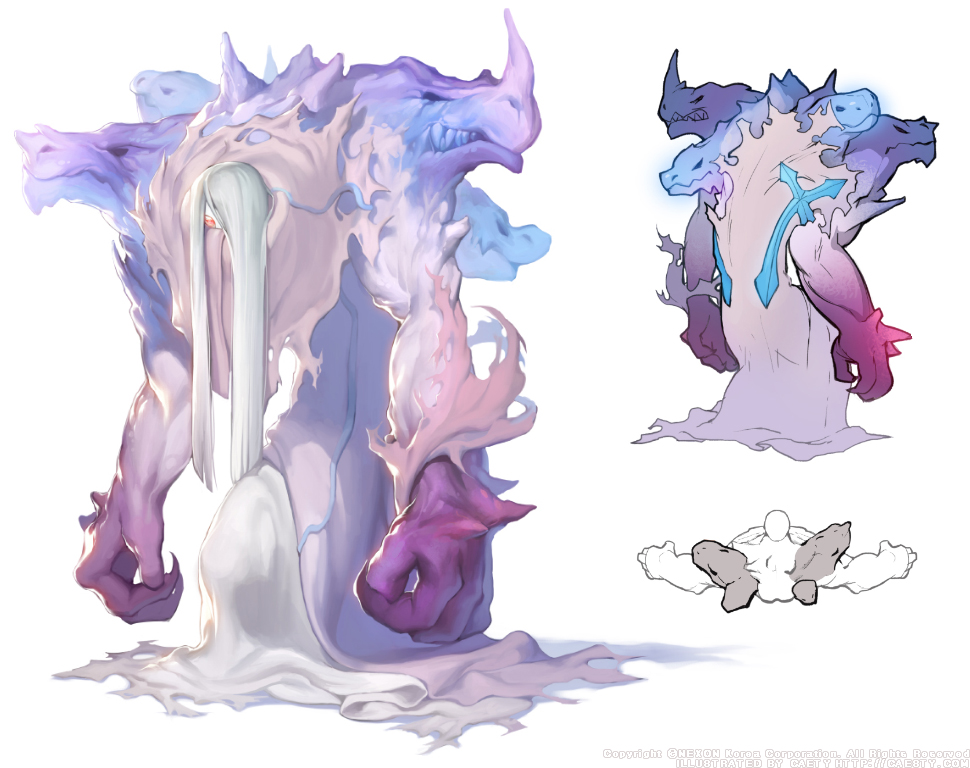 caesty, nexon, tales weaver, commentary request, korean commentary, official art, arched back, dated commentary, english text, from above, full body, long hair, monster, monster focus, multiple views, muscular, no pupils, one eye covered, orange eyes, production art, simple background, star traveler, very long hair, white background, white hair