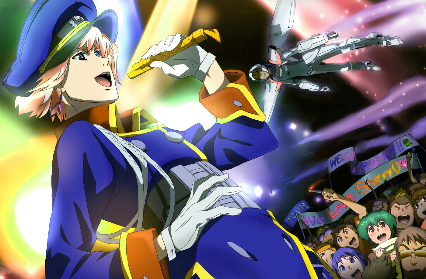 sumimoto etsuko, tan18-k, ex-gear, ranka lee, saotome alto, sheryl nome, macross, macross frontier, bad id, bad pixiv id, official art, third-party edit, 00s, 6+boys, 6+girls, :d, aiguillette, alternate costume, banner, belt, blonde hair, blue eyes, blue hair, blush, brown hair, buttons, dutch angle, earrings, flying, frown, genderswap, genderswap (ftm), gloves, green hair, grey hair, hand on own hip, hat, hip focus, hoop earrings, idol, jewelry, lipstick, long hair, makeup, mecha, microphone, military, military uniform, multiple boys, multiple girls, music, open mouth, orange hair, peaked cap, pink eyes, pinky out, power suit, purple eyes, red eyes, robot, short hair, singing, smile, sparkle, sunglasses, white gloves