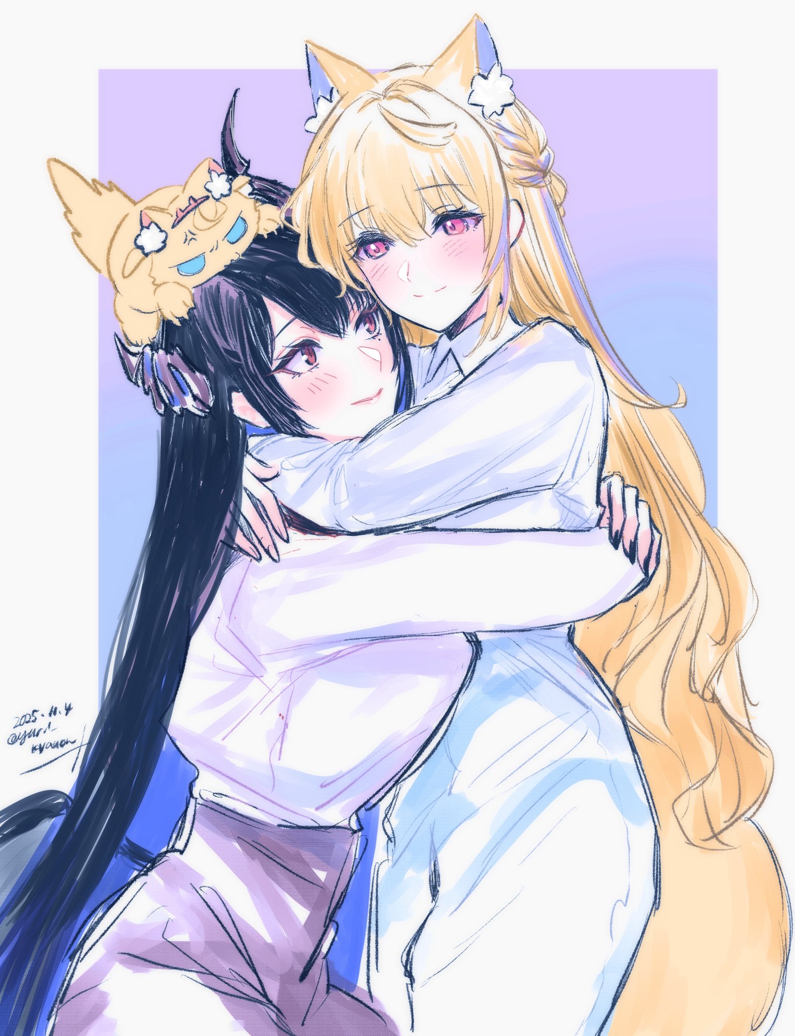 yuri kyanon, fuwawa abyssgard, mococo abyssgard, nerissa ravencroft, hololive, hololive english, commentary request, highres, 2girls, aged up, asymmetrical horns, blush, breasts, closed mouth, dated, horns, hug, long hair, long sleeves, multicolored hair, multiple girls, shirt, simple background, smile, split-color hair, twitter username, uneven horns, virtual youtuber, yuri