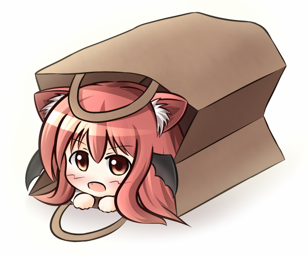 uruc, koakuma, embodiment of scarlet devil, touhou, bad id, bad pixiv id, 1girl, animal ears, bag, blush, brown eyes, cat ears, cat girl, chibi, fang, female focus, head wings, in container, kemonomimi mode, open mouth, red hair, solo, wings