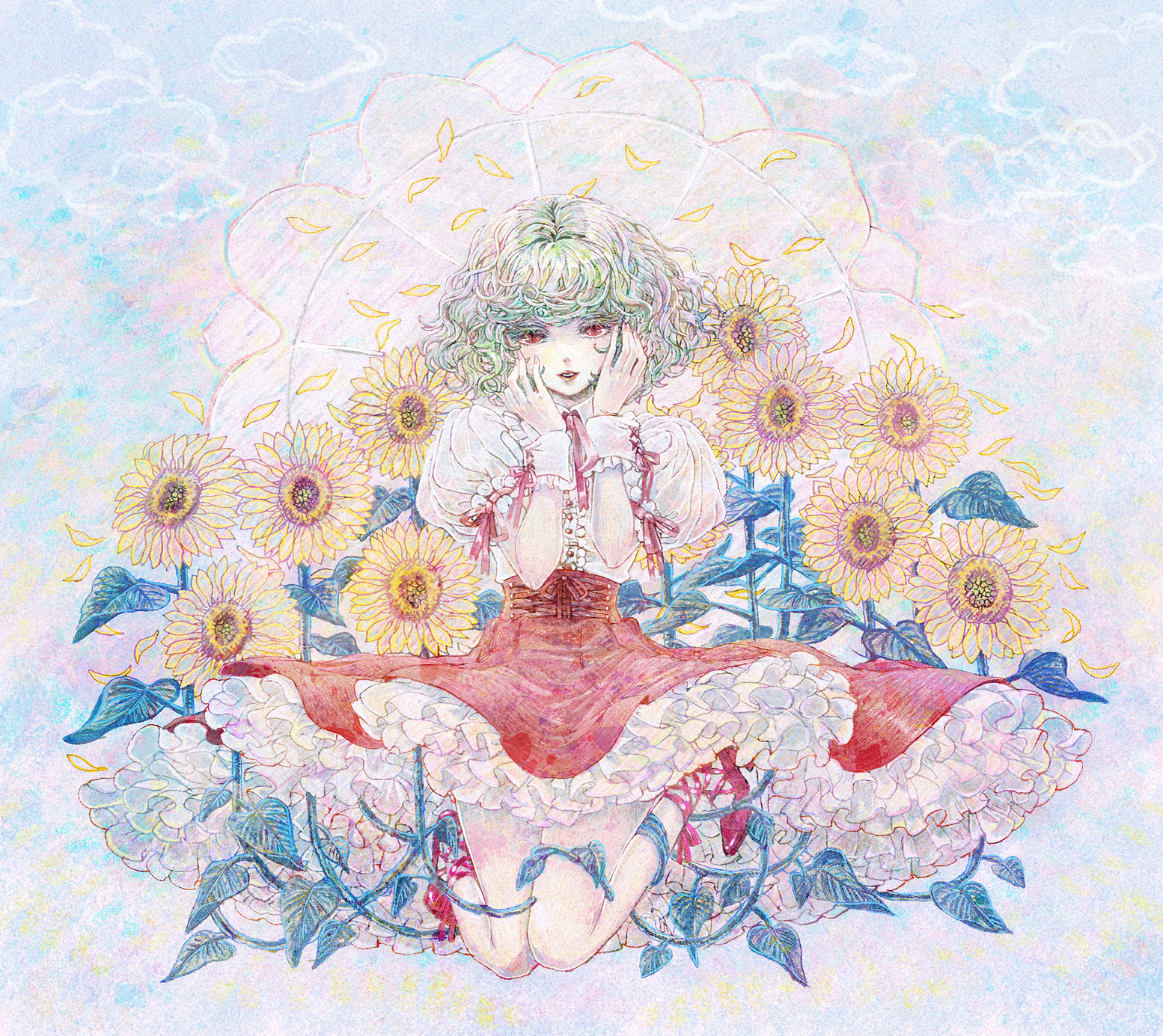 takatora, kazami yuuka, touhou, highres, traditional media, 1girl, female focus, flower, green hair, hands on own face, kneeling, petals, petticoat, plant, puffy sleeves, red eyes, ribbon, short hair, skirt, solo, sunflower, umbrella, vines