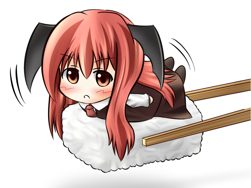uruc, koakuma, embodiment of scarlet devil, touhou, bad id, bad pixiv id, 1girl, chibi, chopsticks, female focus, fish (food), food, head wings, holding chopsticks, holding with chopsticks, in food, mini person, minigirl, necktie, nigirizushi, rice, solo, sushi, wings