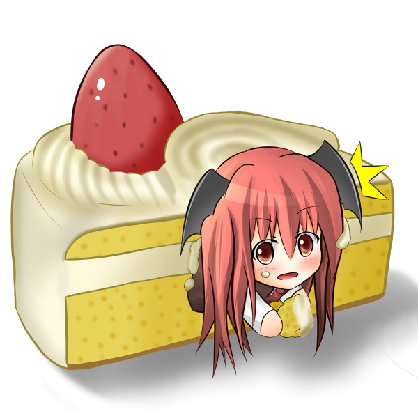 uruc, koakuma, embodiment of scarlet devil, touhou, bad id, bad pixiv id, 1girl, ^^^, cake, chibi, eating, female focus, food, food on face, fruit, head wings, holding, in food, mini person, minigirl, necktie, pastry, red eyes, red hair, simple background, solo, strawberry, wings