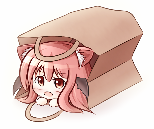 uruc, koakuma, embodiment of scarlet devil, touhou, bad id, bad pixiv id, 1girl, animal ears, bag, cat ears, cat girl, chibi, female focus, head wings, in container, simple background, solo, white background, wings