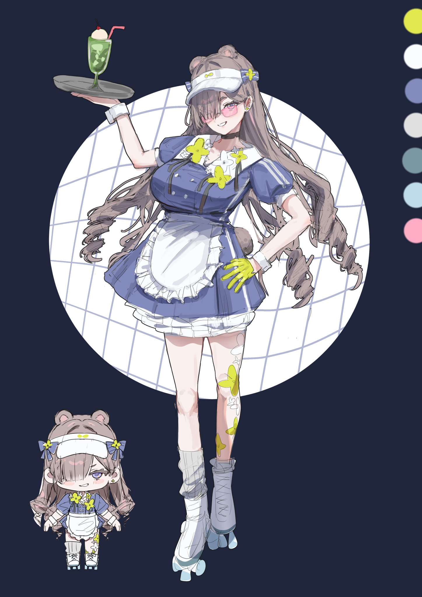 maria (syake-uni), original, chinese commentary, commentary request, highres, 1girl, animal ear fluff, animal ears, ankle boots, apron, black choker, blue dress, boots, breasts, brown hair, carhop, choker, deformed, dress, drill hair, food, full body, glasses, gloves, green gloves, grey socks, hair over one eye, hand on own hip, hand up, hat, holding, holding tray, ice cream, ice cream float, large breasts, legs, long hair, puffy sleeves, roller skates, short dress, short sleeves, simple background, skates, smile, socks, tail, tray, visor cap, waitress, white apron, white boots, white hat, white wrist cuffs, wrist cuffs