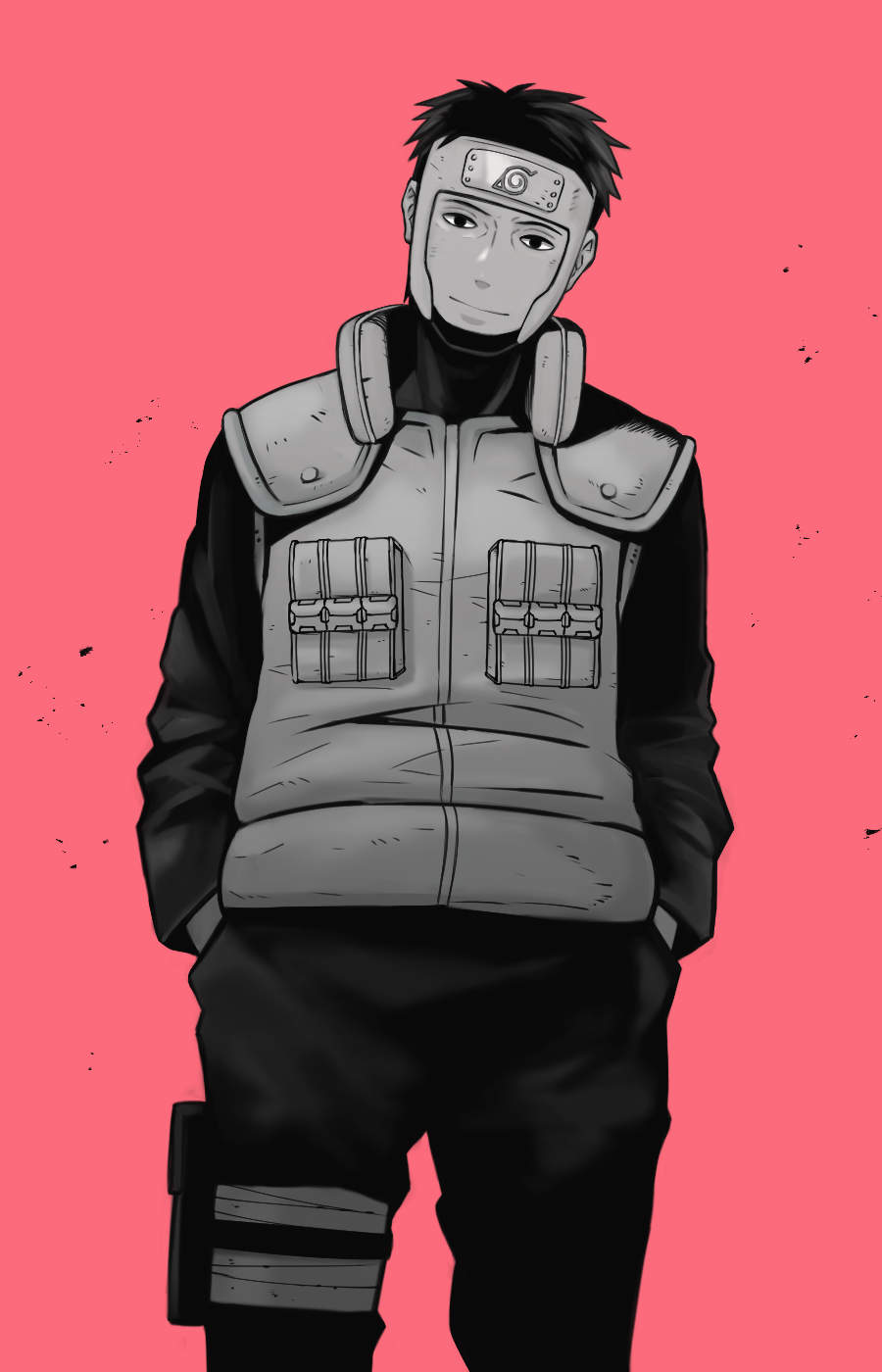 yamato (naruto), naruto (series), naruto shippuuden, highres, 1boy, flak jacket, forehead protector, greyscale with colored background, hands in pockets, jacket, konohagakure symbol, long sleeves, looking at viewer, male focus, pants, red background, sameccor, shirt, short hair, smile, solo