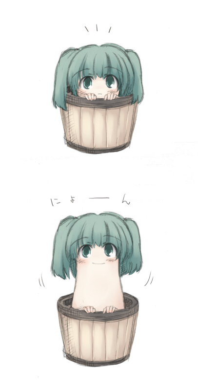 nekoguruma, kisume, touhou, 1girl, bucket, creepy, female focus, green eyes, green hair, horror (theme), in bucket, in container, simple background, solo, twintails, what, white background