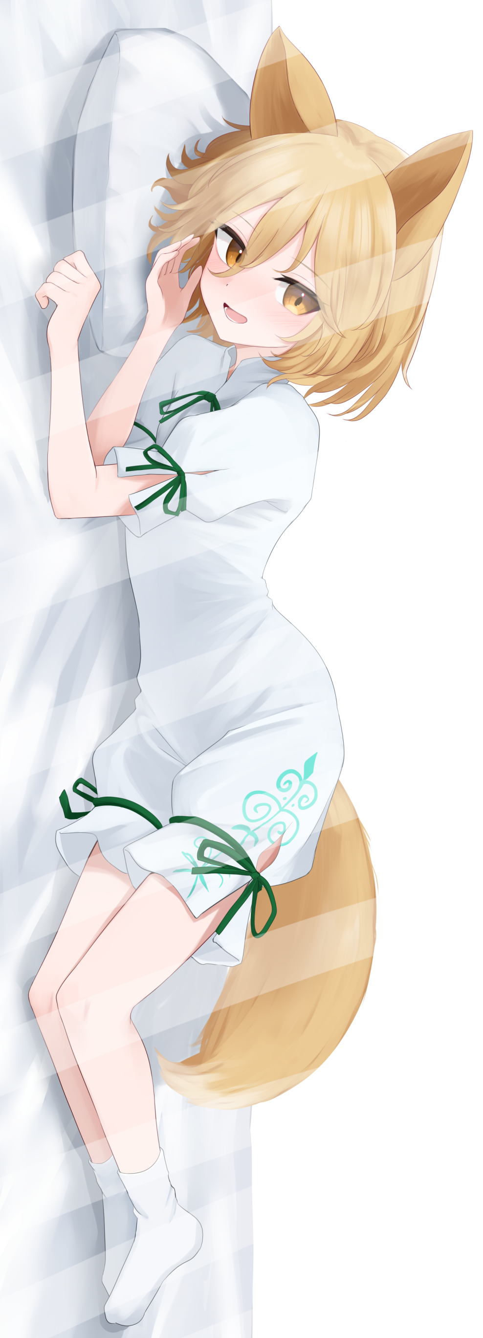 dakuazu, kudamaki tsukasa, touhou, absurdres, commentary request, highres, paid reward available, 1girl, animal ears, blonde hair, blush, dakimakura (medium), fox ears, fox girl, fox tail, green ribbon, hair between eyes, head on pillow, looking at viewer, open mouth, pillow, ribbon, romper, short sleeves, sleeve ribbon, smile, socks, solo, tail, watermark, white romper, white socks, yellow eyes