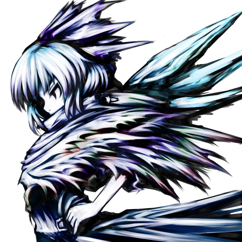 shishigami (sunagimo), cirno, advent cirno, touhou, bad id, bad pixiv id, 1girl, blue dress, blue theme, dress, female focus, from side, ice, ice wings, profile, simple background, solo, upper body, white background, wings