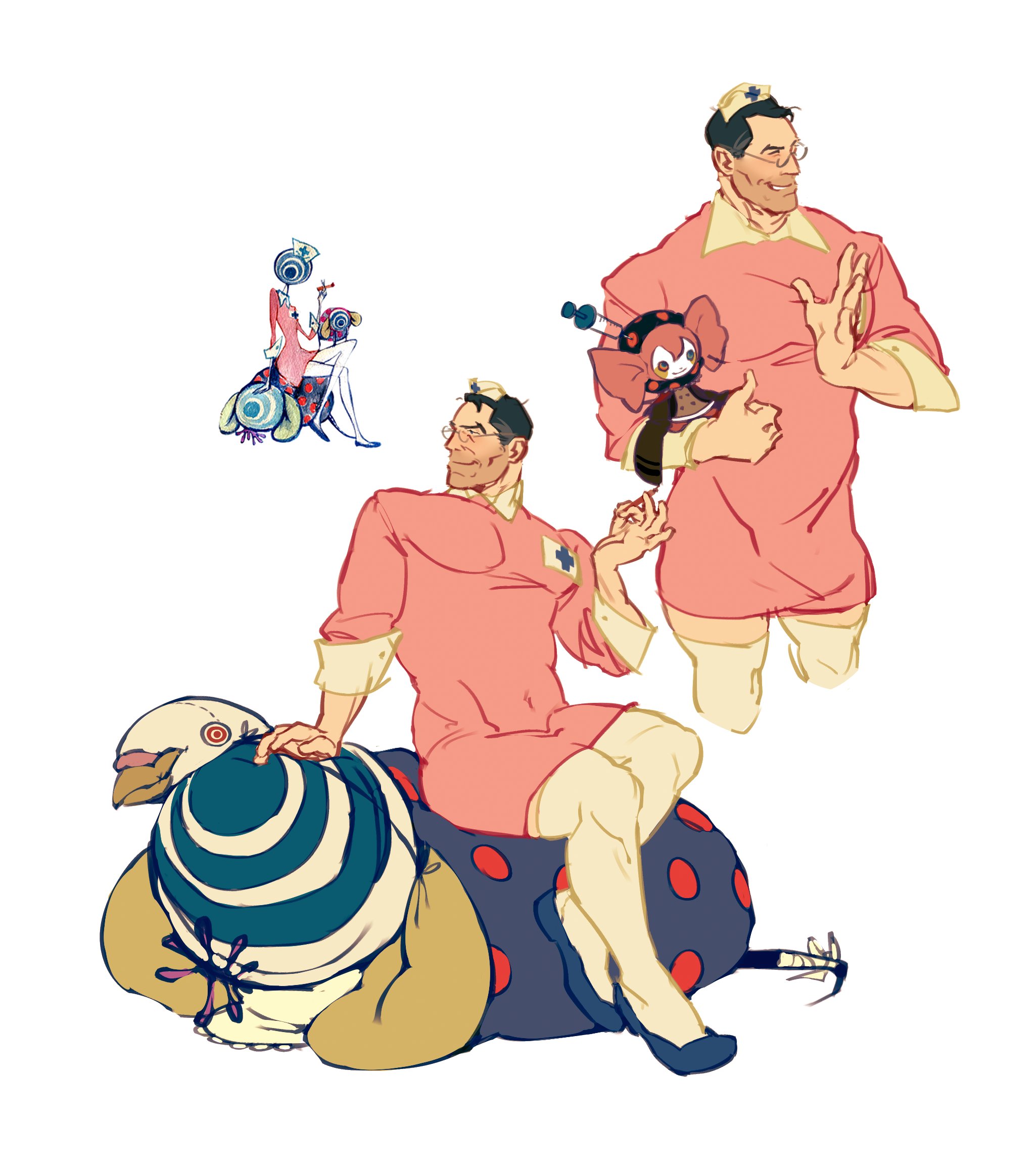 virtuellesterne, charlotte (madoka magica), medic (tf2), mahou shoujo madoka magica, team fortress 2, commentary, english commentary, highres, 1boy, bird, black hair, cosplay, crossdressing, crossdressing (mtf), crossover, doctor, dove, dress, facial hair, familiar (madoka magica), glasses, grey hair, hat, mature male, nurse, nurse cap, pigeon, pink dress, polina (madoka magica), polina (madoka magica) (cosplay), stubble, stuffed animal, stuffed bird, stuffed toy, syringe, thighhighs, zettai ryouiki