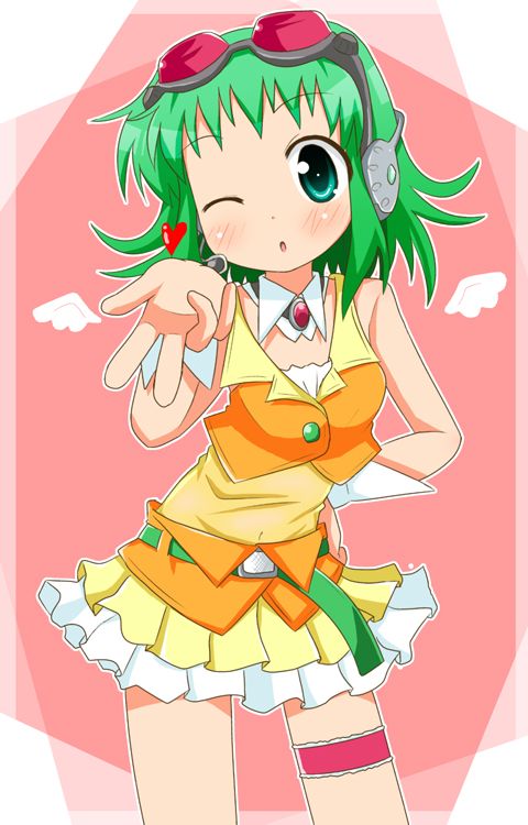 minami (colorful palette), gumi, vocaloid, 1girl, blowing kiss, female focus, goggles, green eyes, green hair, headphones, heart, matching hair/eyes, one eye closed, short hair, skirt, solo, wings, wink, wrist cuffs