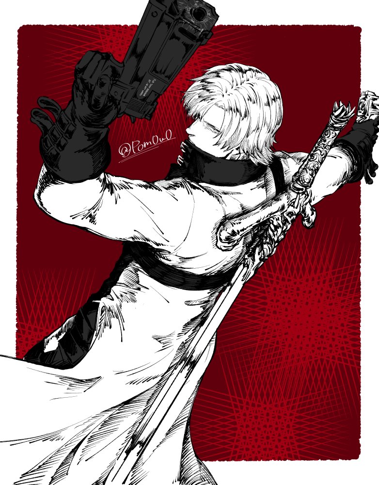dante (devil may cry), rebellion (sword), devil may cry, devil may cry (series), devil may cry 2, 1boy, bishounen, black gloves, blue eyes, coat, ebony & ivory, gloves, gun, hair over one eye, holding, holding weapon, jacket, looking at viewer, male focus, pom0w0, red coat, simple background, solo, sword, weapon, weapon on back, white hair