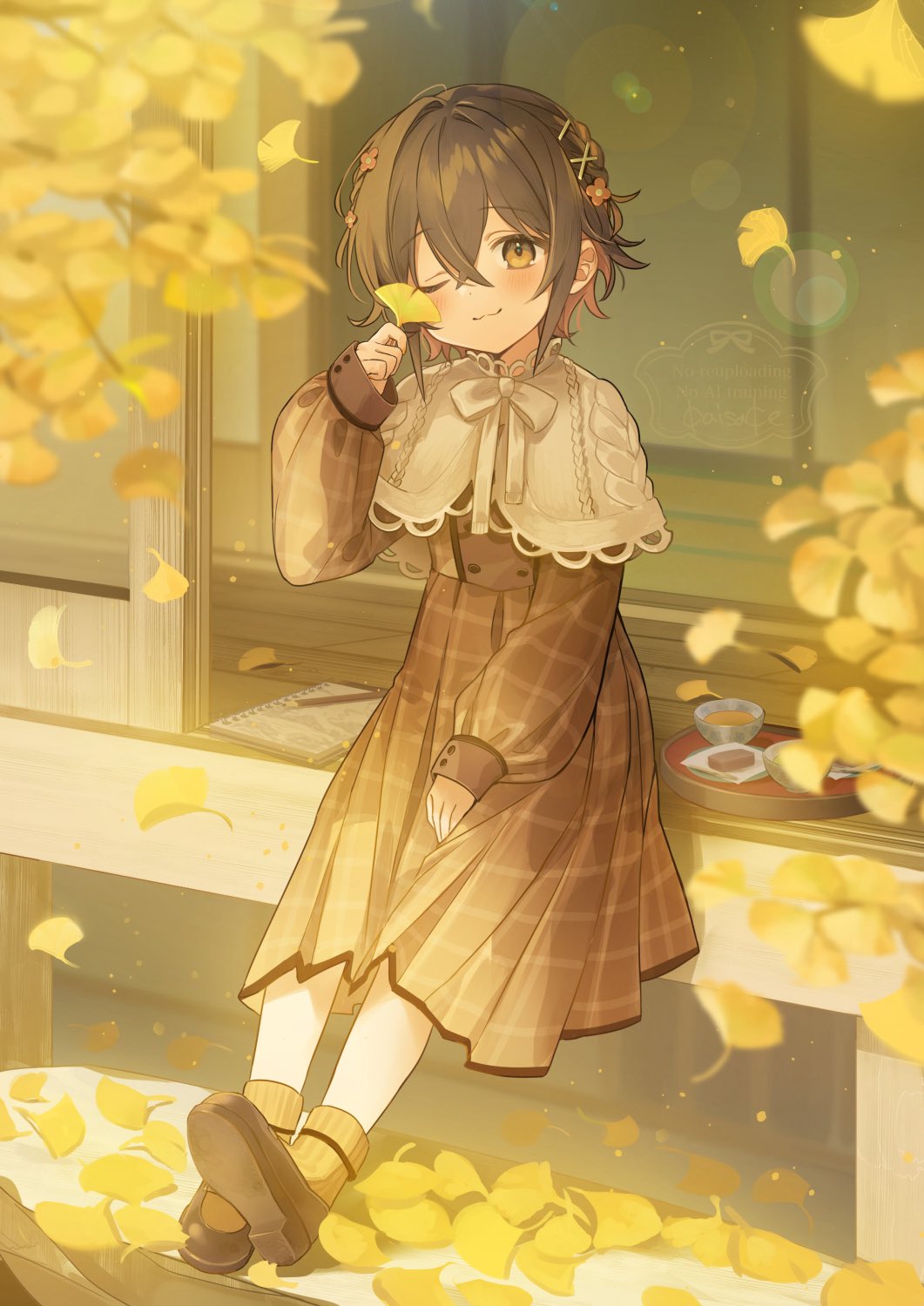 kaisake (utp), original, commentary request, highres, 1girl, ;3, ankle socks, artist self-insert, blush, borrowed design, brown dress, brown socks, capelet, closed mouth, colored inner hair, crossed bangs, cup, dot nose, double-parted bangs, dress, falling leaves, flower, food, full body, hair flower, hair ornament, hand up, holding, holding leaf, leaf, long bangs, looking at viewer, medium dress, multicolored hair, notebook, one eye closed, pencil, red flower, red hair, ribbon, short hair, sitting, sleeves past wrists, socks, solo, white capelet, white ribbon