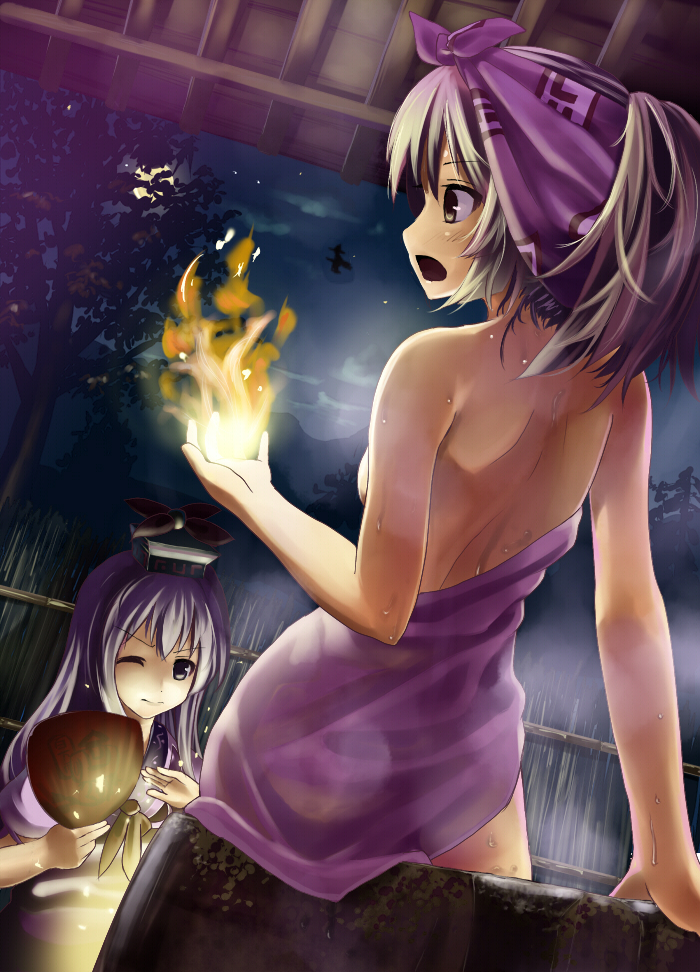 hidebo, fujiwara no mokou, kamishirasawa keine, kirisame marisa, touhou, bad id, bad pixiv id, 2girls, ass, back, female focus, fire, from behind, hand fan, hat, long hair, moon, multiple girls, naked towel, nude, onsen, towel, tree