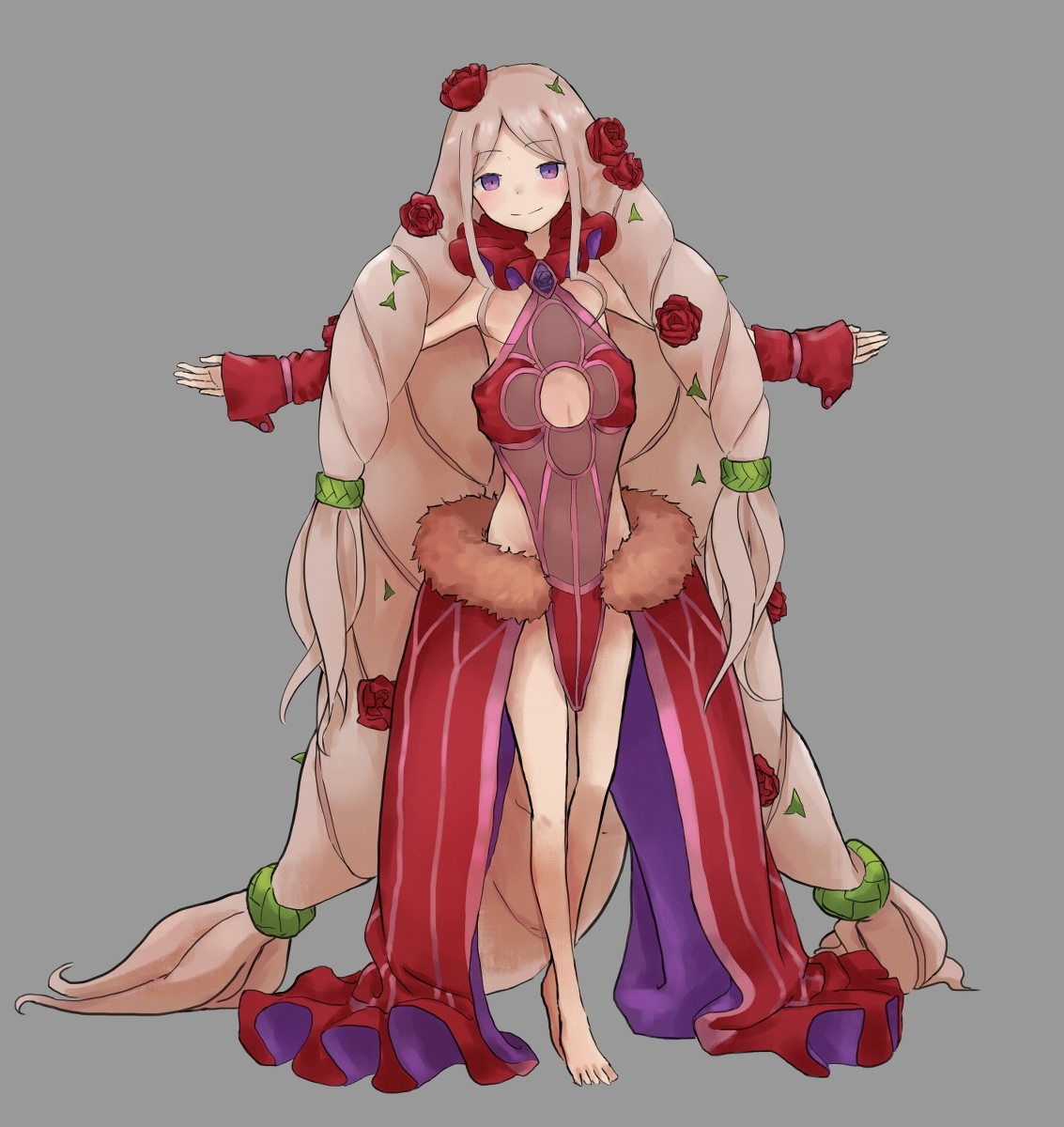 tatararashi, anna sprengel, toaru majutsu no index, toaru majutsu no index: new testament, commentary request, highres, third-party source, 1girl, absurdly long hair, aged down, armpits, bare legs, barefoot, big hair, black leotard, breasts, cleavage, closed mouth, clothing cutout, crossed ankles, detached sleeves, dress, dress flower, flat chest, flower, frills, full body, grey background, hair flower, hair ornament, leotard, long hair, looking at viewer, multicolored leotard, navel, navel cutout, outstretched arms, oversized clothes, pelvic curtain, pink eyes, pink hair, purple dress, purple eyes, red flower, red leotard, red rose, rose, rosenkreutz, simple background, smile, solo, spread arms, standing, very long hair, waist cape