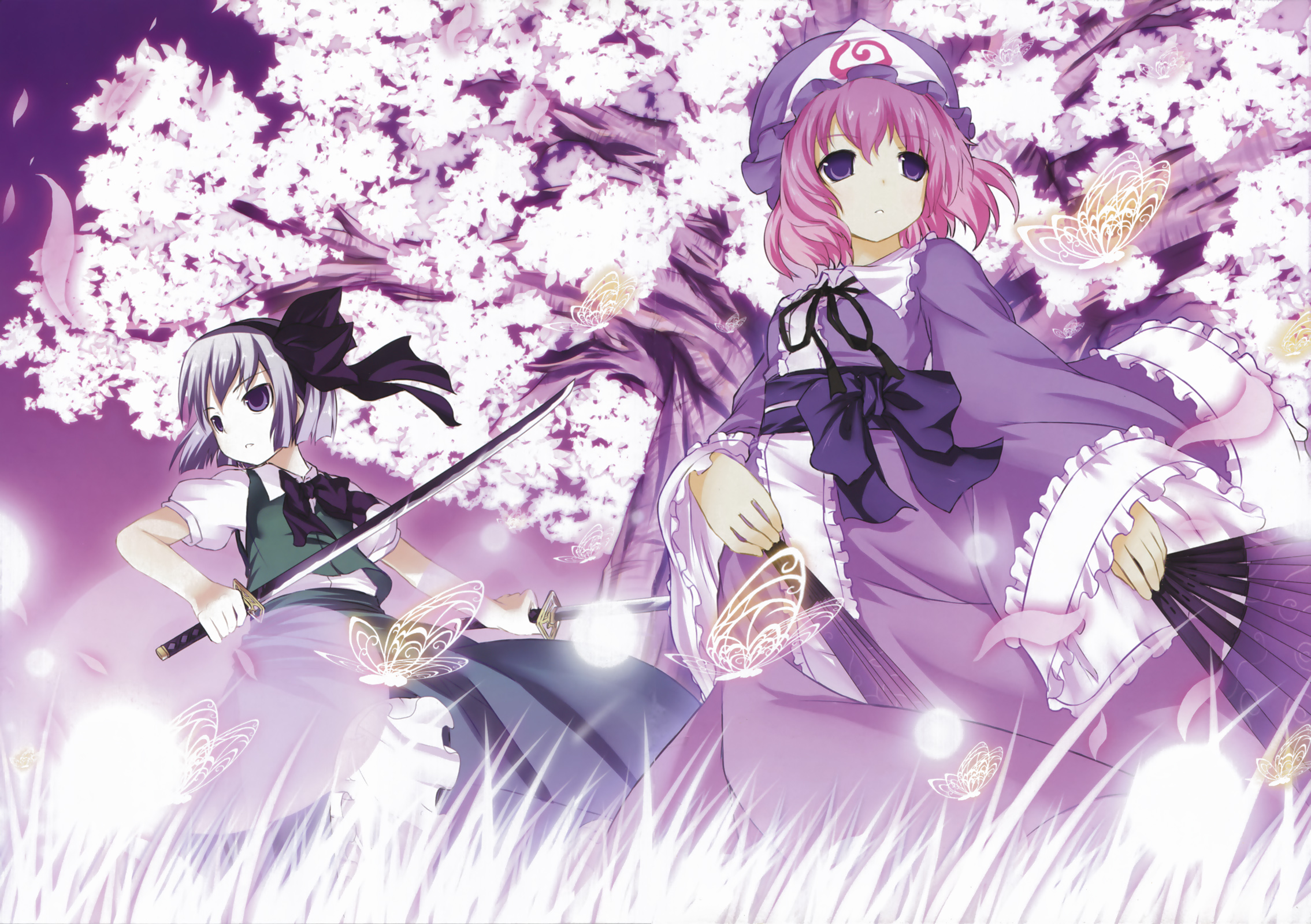 shiratama dango, konpaku youmu, konpaku youmu (ghost), saigyouji yuyuko, touhou, silver hair, highres, 2girls, bug, butterfly, cherry blossoms, dual wielding, female focus, ghost, hairband, hand fan, hat, holding, katana, multiple girls, pink hair, purple eyes, short hair, sword, weapon