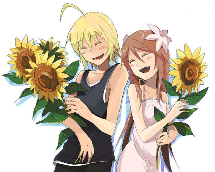 emil castagnier, marta lualdi, tales of (series), tales of symphonia, tales of symphonia: dawn of the new world, 00s, 1boy, 1girl, blonde hair, brown hair, flower, hair ornament, long hair, smile, sunflower