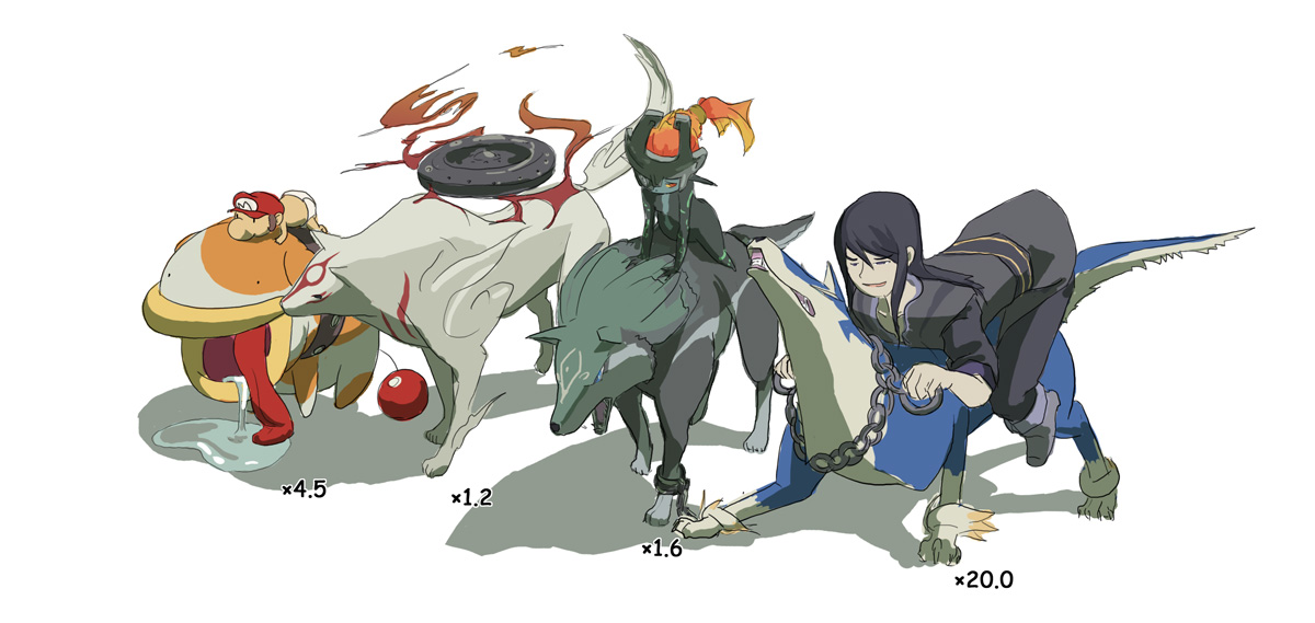 oom, amaterasu (ookami), baby mario, link, mario, midna, poochy (yoshi's island), repede (tales), wolf link, yuri lowell, mario (series), nintendo, ookami (game), super mario bros. 1, tales of (series), tales of vesperia, the legend of zelda, the legend of zelda: twilight princess, 00s, 2boys, black hair, brown hair, chain, crossover, dog, hat, helmet, long hair, multiple boys, straddling, wii version, wolf