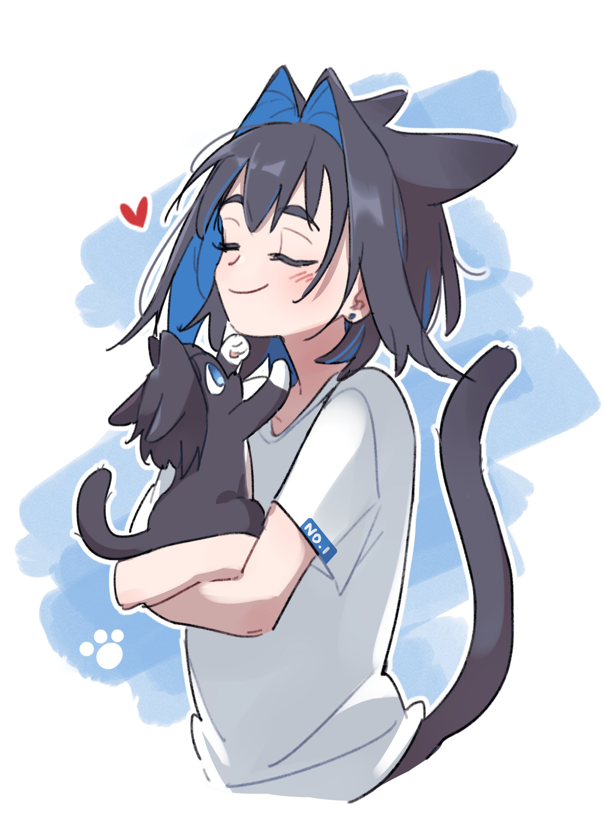 anco (platanity), ouro kronii, hololive, hololive english, absurdres, commentary, highres, 1girl, animal, animal ears, animalization, bare arms, black hair, blue hair, cat, cat ears, cat girl, cat tail, closed eyes, colored inner hair, dual persona, earrings, hair intakes, heart, holding, holding animal, holding cat, jewelry, kemonomimi mode, multicolored hair, outline, person and animalization, shirt, short hair, short sleeves, simple background, smile, solo, stud earrings, t-shirt, tail, two-tone hair, upper body, virtual youtuber, white outline, white shirt