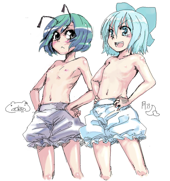 kumadano, tsukino, cirno, wriggle nightbug, touhou, artist collaboration, 2girls, :<, antennae, bloomers, blue eyes, blue hair, blush, bow, flat chest, green hair, grey eyes, hair bow, hands on own hips, loli, multiple girls, nipples, ribbon, short hair, topless female, underwear