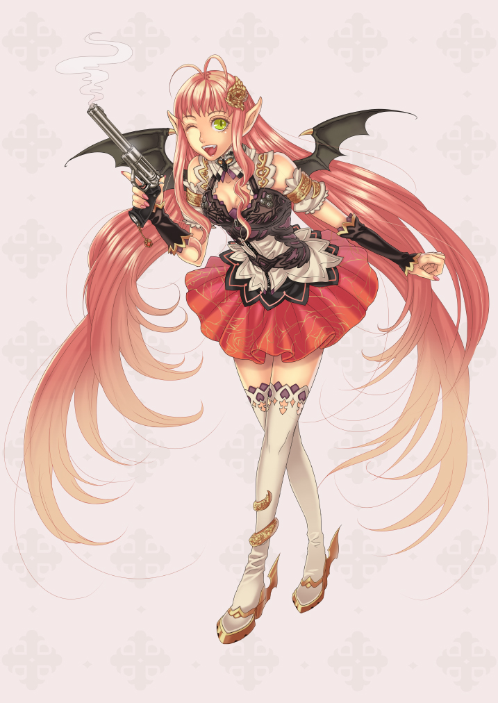 hatake michi, hatakemichi, original, bad id, bad pixiv id, antenna hair, bare shoulders, bat wings, fangs, green eyes, gun, handgun, legs, long hair, one eye closed, pink hair, pointy ears, revolver, skirt, smoke, smoking barrel, solo, thighhighs, very long hair, weapon, white thighhighs, wings, wink