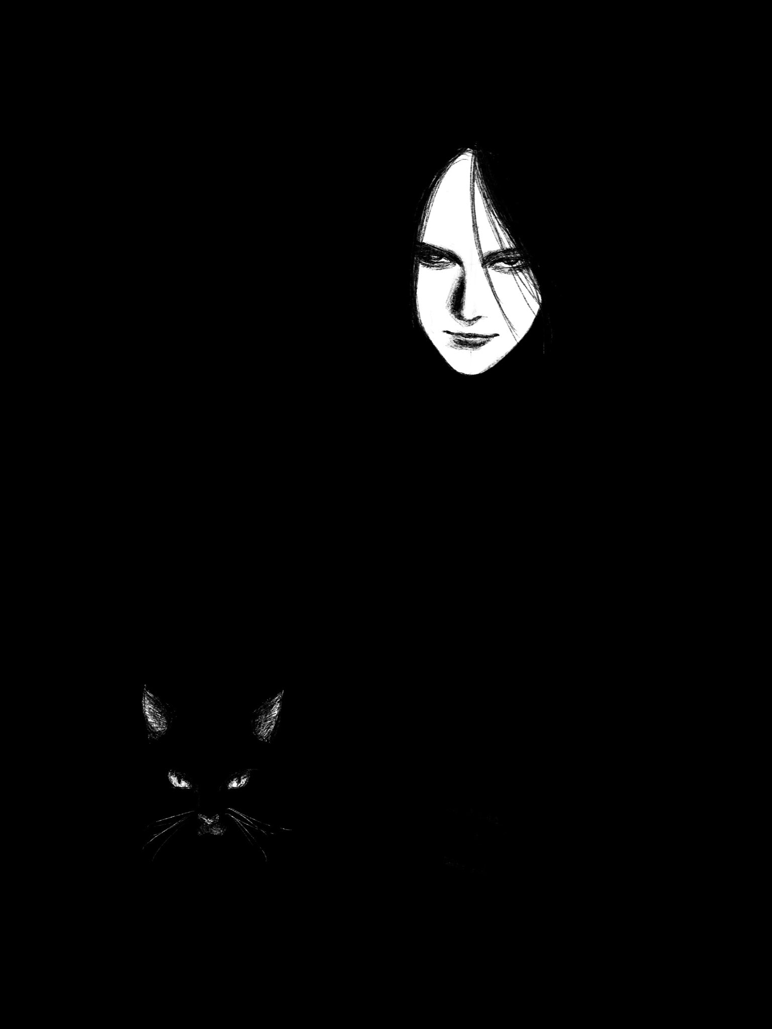 tp p pt, original, highres, 1girl, animal, black background, black cat, black hair, cat, head only, long hair, looking at viewer, solo, straight-on