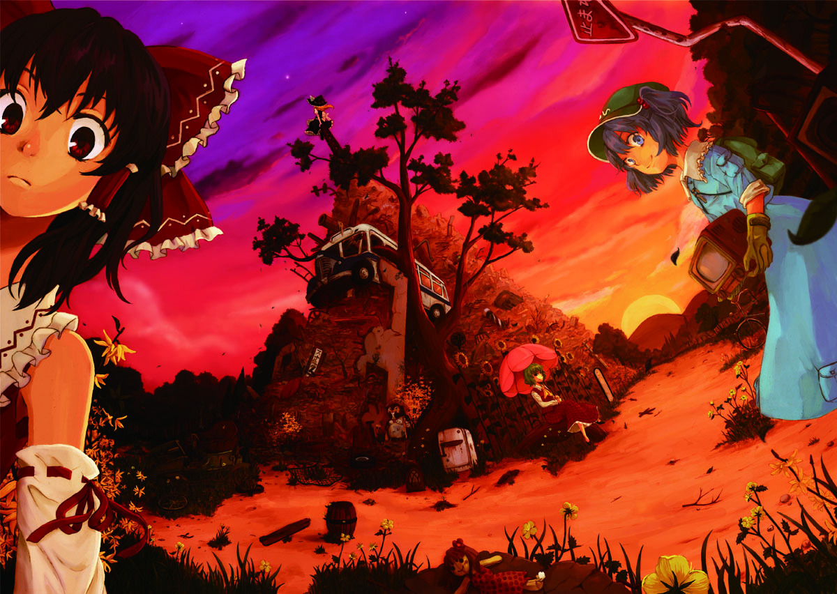 ozawa, hakurei reimu, kawashiro nitori, kazami yuuka, kirisame marisa, touhou, green headwear, vehicle, 4girls, ascot, bare shoulders, barrel, blonde hair, bow, bus, detached sleeves, doll, dutch angle, female focus, flower, gloves, hair bow, hair tubes, japanese stop sign, junk, junkyard, looking at viewer, motor vehicle, mountain, multiple girls, nontraditional miko, outdoors, parasol, plaid clothes, plaid skirt, plaid vest, plant, refrigerator, road sign, sign, sitting, skirt, skirt set, stop sign, sun, sunflower, sunset, television, tree, twilight, umbrella, vest