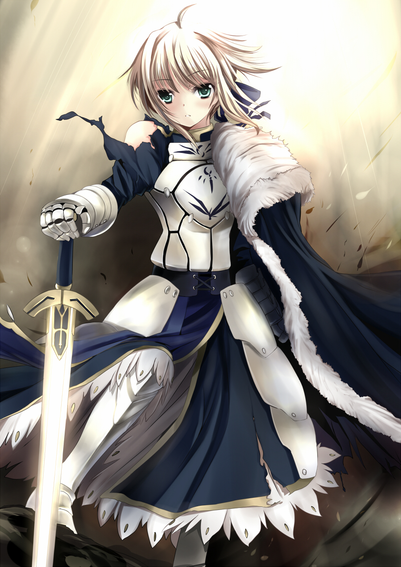 xephonia, artoria pendragon (fate), saber (fate), fate/stay night, fate (series), type-moon, 00s, 1girl, ahoge, armor, armored dress, blonde hair, cape, dress, female focus, gauntlets, greaves, green eyes, hair ribbon, ribbon, robe, short hair, solo, sunlight, sword, torn clothes, weapon