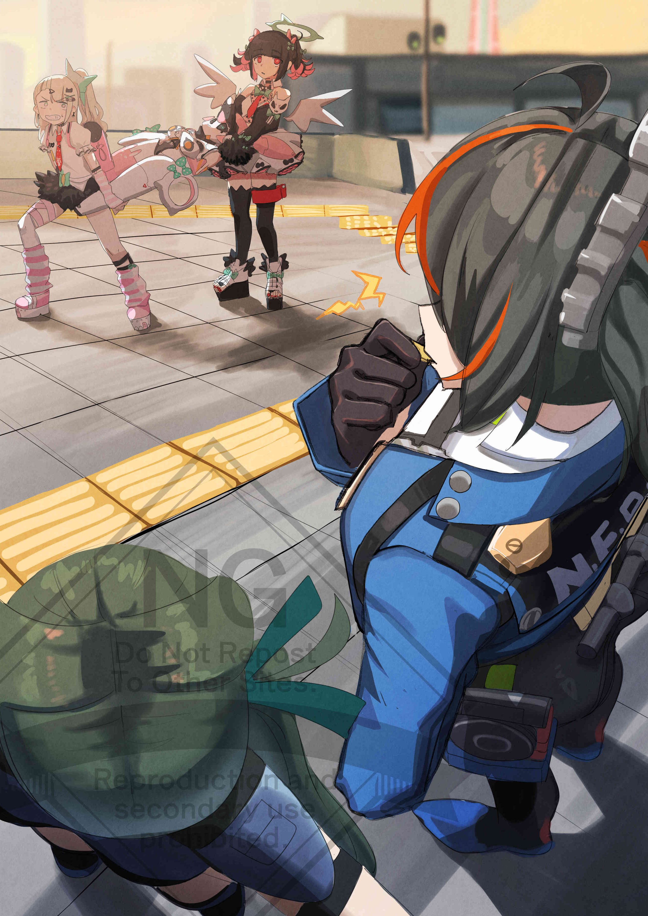 dondobi, chinatsu remiel, qingyi (zenless zone zero), rokudu sariel, yutane johiel, zhu yuan, zenless zone zero, absurdres, highres, 5girls, ahoge, android, bandaid, bandaid hair ornament, bare shoulders, black gloves, black hair, black skirt, black thighhighs, blowing whistle, blue jacket, blurry, blurry background, bow, bowtie, carrying, carrying person, colored inner hair, earrings, fur-trimmed skirt, fur-trimmed sleeves, fur trim, gloves, green bow, green bowtie, green eyes, green hair, green halo, hair ornament, hairband, halo, handlebar, high-waist pants, humanoid robot, jacket, jewelry, leg warmers, looking at another, metal hairband, multicolored hair, multiple girls, multiple hair clips, multiple thigh straps, musical note earrings, necktie, outdoors, pants, parted lips, pink arm warmers, pink bag, pink bow, pink leg warmers, police, police badge, police uniform, policewoman, ponytail, red eyes, red hair, red necktie, red streaks, ring hair ornament, robot, robot girl, shadow, shirt, shout lines, skirt, streaked hair, striped arm warmers, striped leg warmers, sweatdrop, thighhighs, tight clothes, tight pants, too many bows, twintails, v-shaped eyebrows, watermark, white shirt, white wings, wings