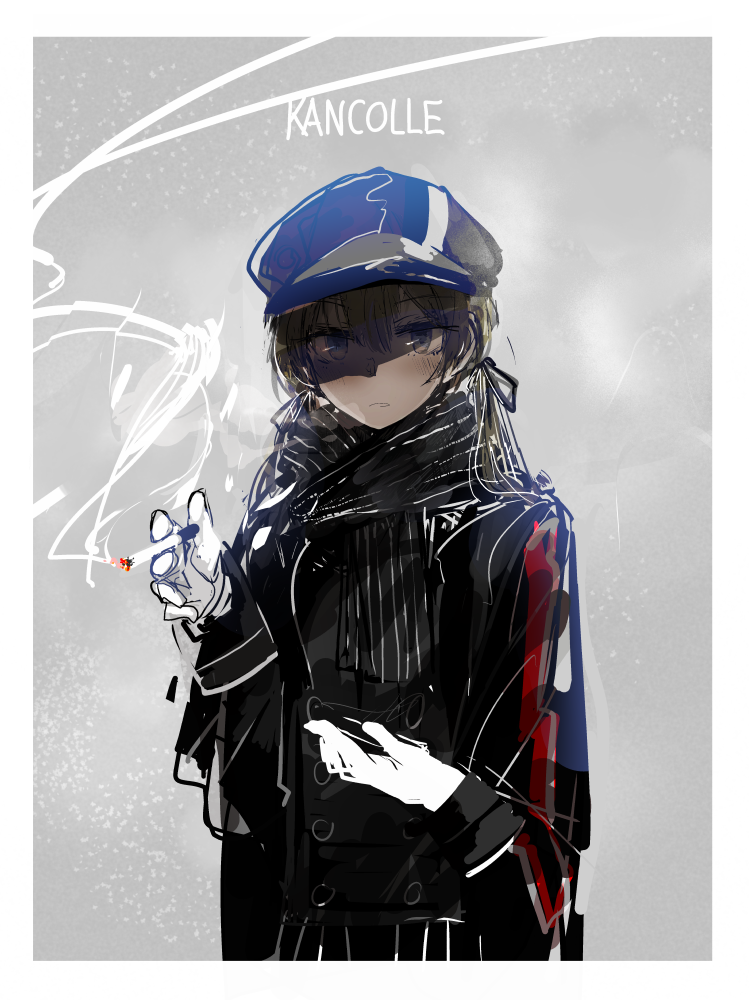 custom (cus-tom), prinz eugen (kancolle), kantai collection, 1girl, black ribbon, black sclera, blonde hair, border, cigarette, closed mouth, colored sclera, copyright name, gloves, grey background, grey hat, hair ribbon, hat, holding, holding cigarette, jacket, long sleeves, looking at viewer, peaked cap, ribbon, scarf, simple background, smoke, smoking, solo, upper body, white border, white gloves