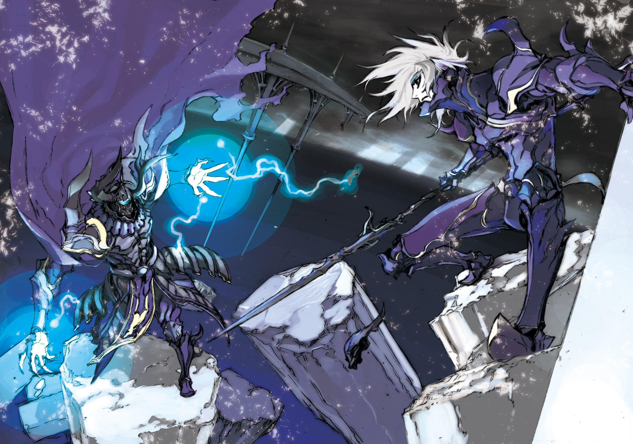 miwa shirow, cecil harvey, golbez, dissidia final fantasy, final fantasy, final fantasy iv, highres, 1990s (style), 2boys, armor, battle, brothers, epic, lightning, male focus, multiple boys, siblings, sword, weapon