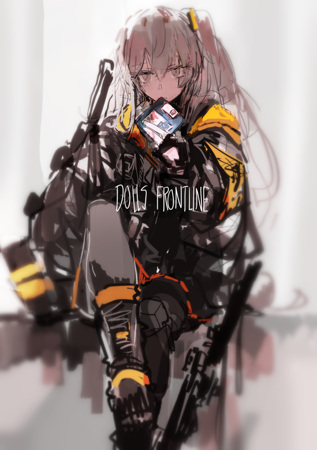 custom (cus-tom), ump45 (girls' frontline), girls' frontline, 1girl, armband, black boots, black gloves, black jacket, black pantyhose, boots, closed mouth, copyright name, fingerless gloves, floppy disk, gloves, grey eyes, grey hair, holding, jacket, knee pads, long hair, one side up, pantyhose, scar, scar across eye, scar on face, sitting, solo, yellow armband