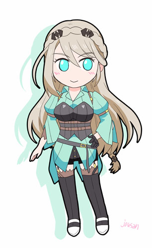 xiacheng tatsuya, elaine auclair, eiyuu densetsu, kai no kiseki, kuro no kiseki (series), commentary request, lowres, 1girl, artist name, blonde hair, blue eyes, braid, chibi, closed mouth, crown braid, full body, gloves, hair between eyes, hand on own hip, long sleeves, parted bangs, puffy long sleeves, puffy sleeves, shorts, silhouette, simple background, single braid, single glove, single sidelock, smile, solo, tachi-e, white background