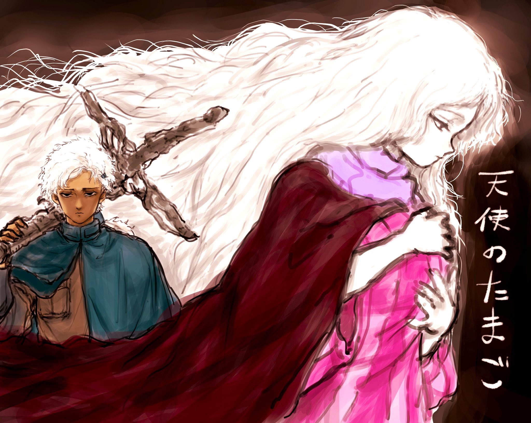 boy (tenshi no tamago), girl (tenshi no tamago), tenshi no tamago (anime), commentary request, highres, 1boy, 1girl, blue cloak, cloak, closed mouth, copyright name, cross, dress, holding, holding cross, long hair, pink dress, ponytail, rokuta (onimaru17), striped clothes, striped dress, vertical-striped clothes, vertical-striped dress, white hair