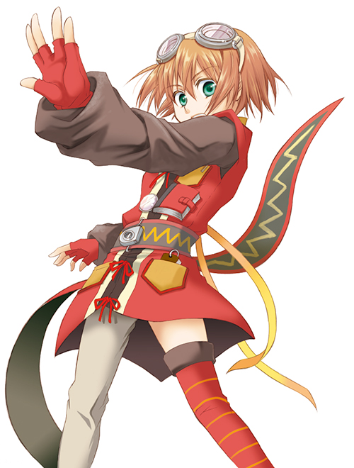 micha (chaho), rita mordio, tales of (series), tales of vesperia, multicolored legwear, 00s, 1girl, asymmetrical legwear, bob cut, brown hair, female focus, fingerless gloves, gloves, goggles, goggles on head, green eyes, mismatched legwear, pantyhose, red thighhighs, short hair, single leg pantyhose, single thighhigh, skirt, solo, striped clothes, striped thighhighs, thighhighs, white thighhighs, yellow thighhighs