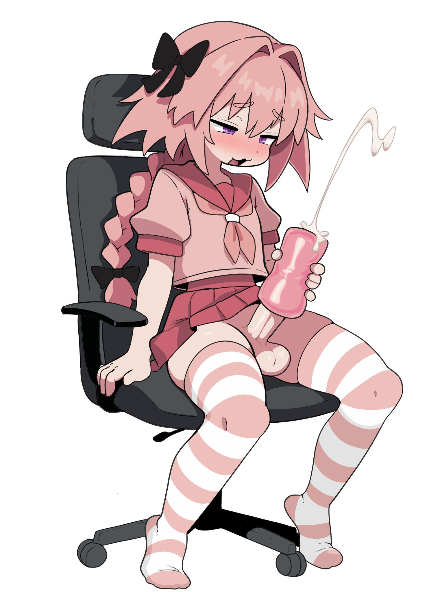 fruithead, astolfo (fate), astolfo (sailor paladin) (fate), fate/grand order, fate (series), highres, 1boy, :3, aroused, artificial vagina, black bow, blush, bow, braid, braided ponytail, chair, crossdressing, crossdressing (mtf), cum, gaming chair, hair bow, male masturbation, masturbation, official alternate costume, on chair, open mouth, penis, pink hair, pink serafuku, pink skirt, projectile cum, school uniform, serafuku, sex toy, simple background, skindentation, skirt, solo, striped clothes, striped thighhighs, swivel chair, thighhighs, trap, white background