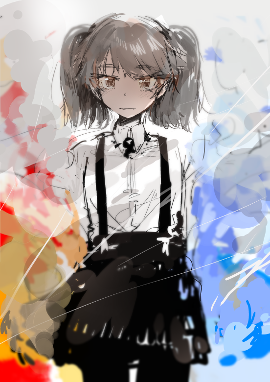 custom (cus-tom), ryuujou (kancolle), kantai collection, 1girl, arms behind back, black pantyhose, black skirt, brown eyes, closed mouth, collared shirt, colorful background, cowboy shot, grey hair, looking at viewer, pantyhose, shirt, skirt, solo, suspender skirt, suspenders, twintails, white shirt