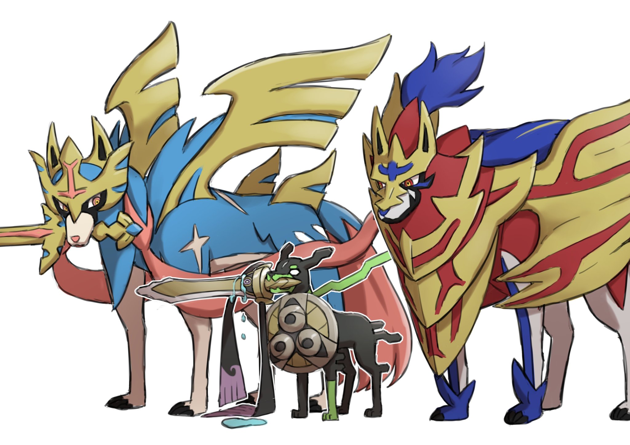 zuzu (ywpd8853), aegislash, zacian, zacian (crowned), zamazenta, zamazenta (crowned), zygarde, nintendo, pokemon, commentary request, highres, animal focus, armor, dog, gen 6 pokemon, gen 8 pokemon, holding, holding shield, holding sword, holding weapon, legendary pokemon, mouth hold, no humans, one-eyed, pokemon (creature), purple eyes, shield, standing, sword, tears, weapon, yellow eyes, zygarde (10)