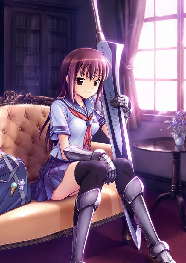 michi, original, bookbag, 1girl, armor, bag, black thighhighs, brown eyes, brown hair, couch, curtains, female focus, gauntlets, greaves, long hair, school uniform, serafuku, smile, solo, sword, table, thighhighs, weapon, window