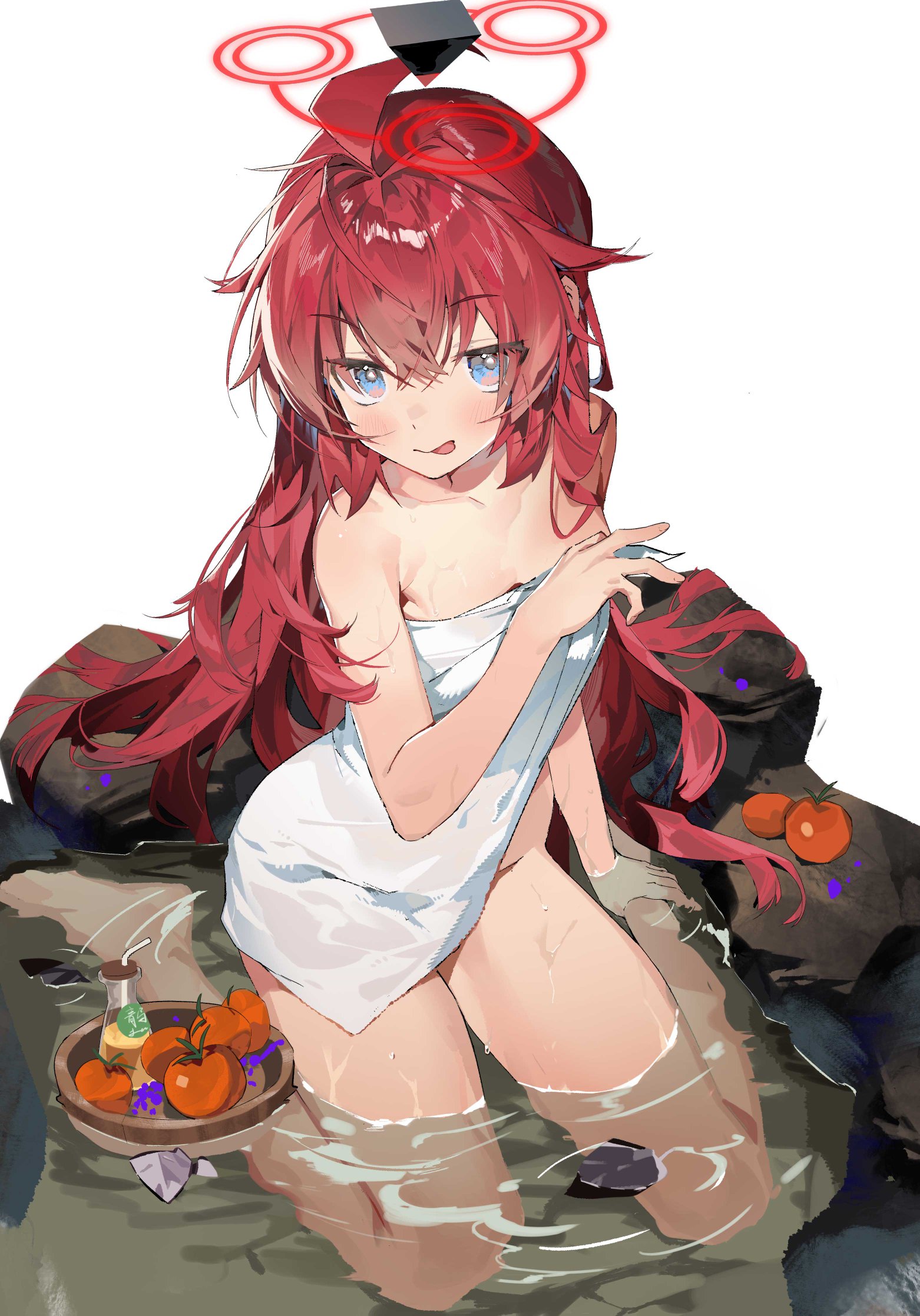 b zhan cm yang, maki (blue archive), blue archive, commentary request, highres, 1girl, :p, ahoge, barefoot, blue eyes, blush, breasts, collarbone, food, fruit, hair between eyes, halo, long hair, looking at viewer, naked towel, onsen, partially submerged, red hair, red halo, simple background, sitting, small breasts, smile, solo, tongue, tongue out, towel, very long hair, water, wet, white background