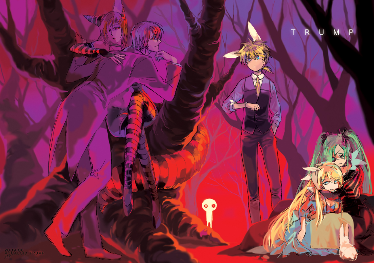 gero-gh, gh (ront), hatsune miku, kagamine len, kagamine rin, kaito (vocaloid), meiko (vocaloid), alice's adventures in wonderland, hitobashira alice (vocaloid), vocaloid, striped legwear, 2boys, 3girls, animal ears, aqua eyes, aqua hair, blonde hair, blue eyes, dress, elbow gloves, eyepatch, fingerless gloves, formal clothes, gloves, hair ornament, hair ribbon, hairclip, hug, long hair, multiple boys, multiple girls, necktie, rabbit ears, ribbon, short hair, smile, suit, thighhighs, twintails