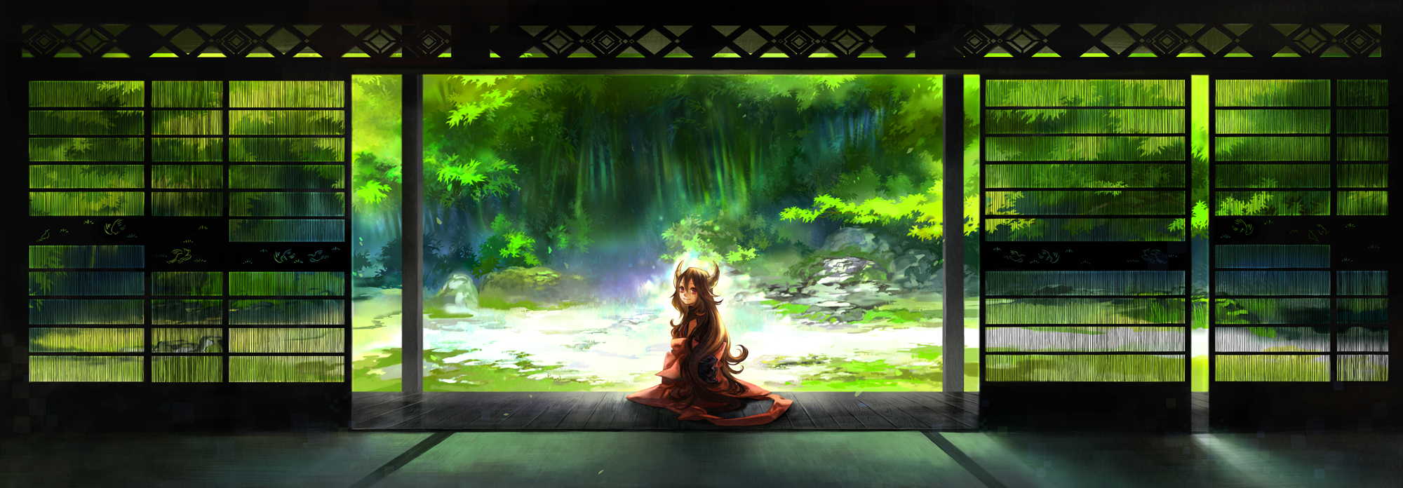 jimu kaji, kajimiya (kaji), naga (staygarden), original, ryuujin naga, highres, long image, wide image, 1girl, brown hair, female focus, forest, horns, japanese clothes, kimono, long hair, looking back, nature, scenery, sitting, smile, solo, tree